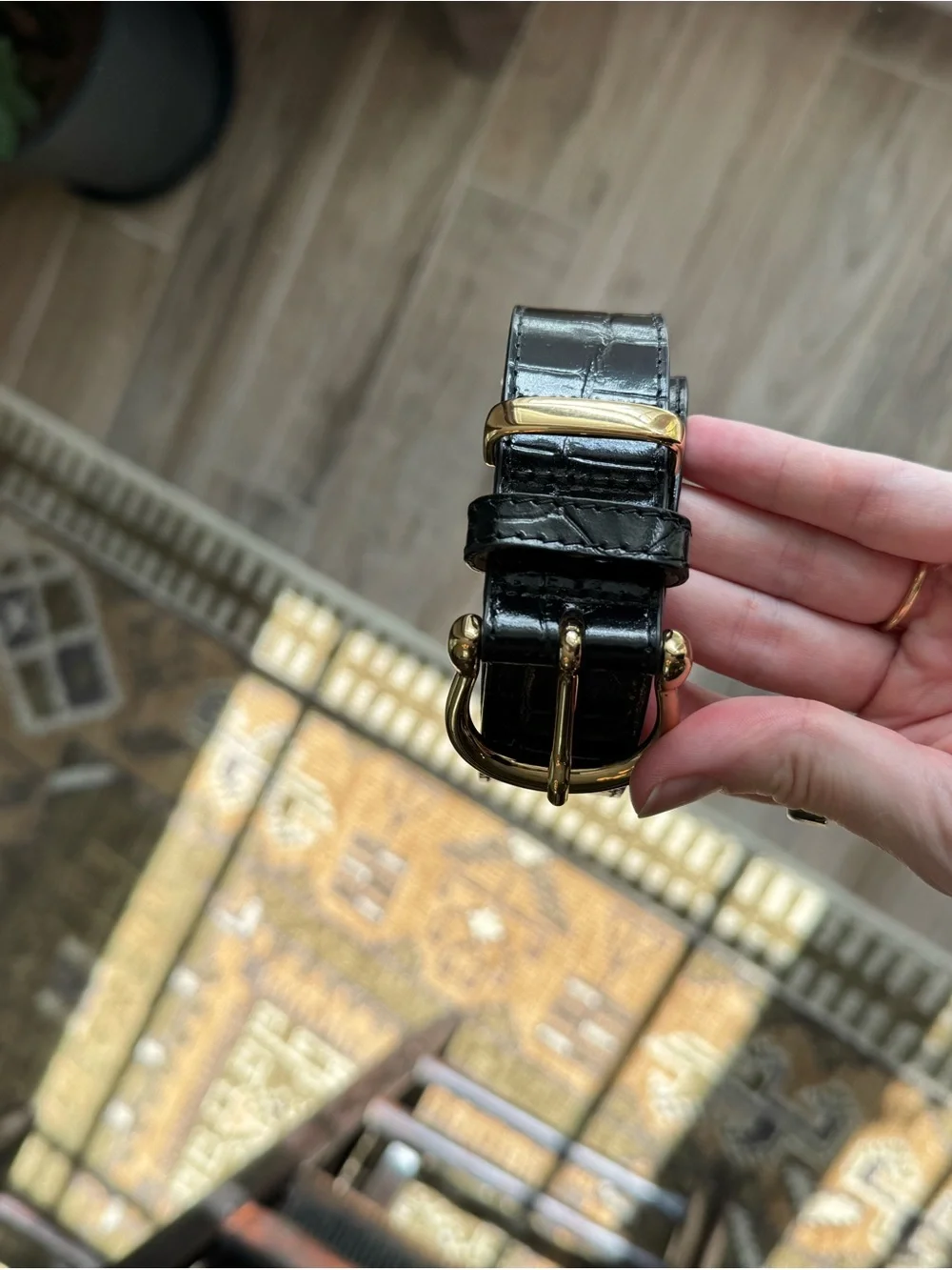 & Other Stories Black Croc-Embossed Leather Belt with Gold Buckle